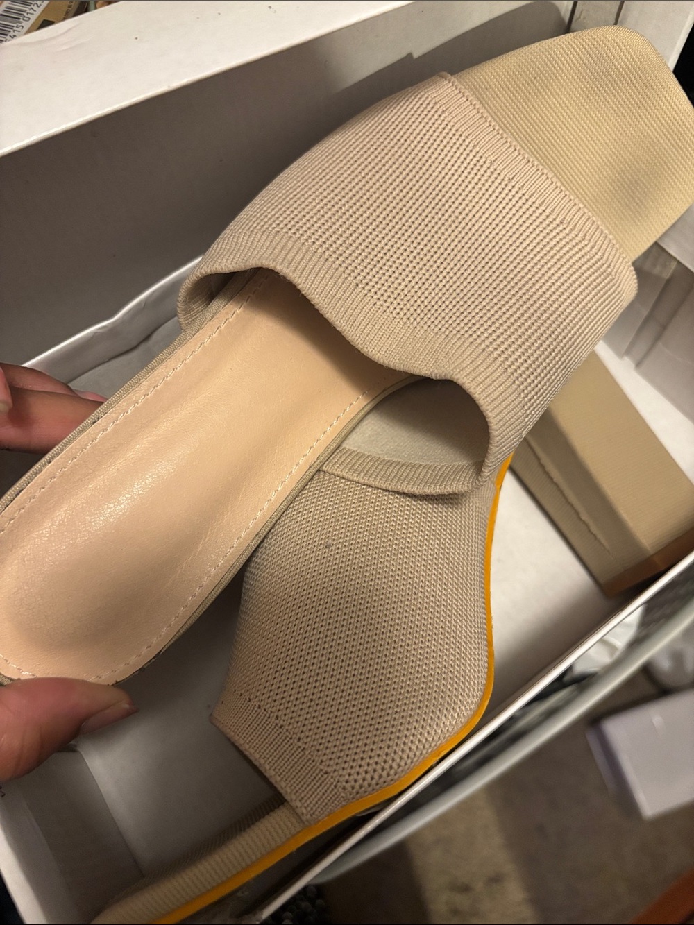 SHEIN Beige Knit Open-Toe Slide Mules with Yellow Trim